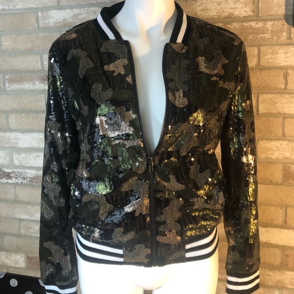 sequin camo bomber jacket